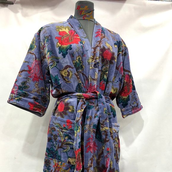 Floral Print Velvet Kimono Luxury Jacket, Party Boho Robe Lounge Wear - Unisex - Picture 10 of 16